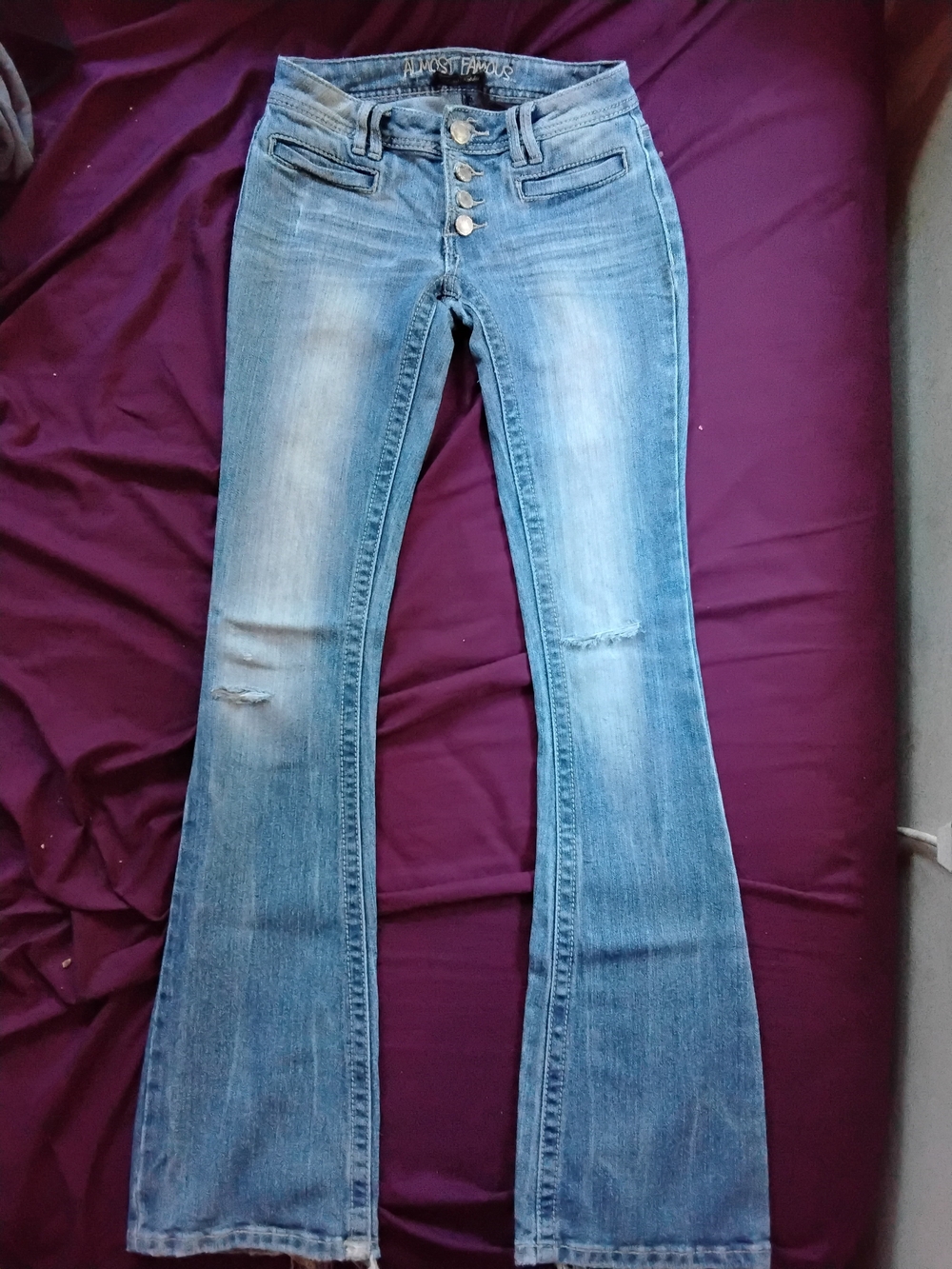 Almost Famous Medium Blue Bootcut Jeans with Distressed Knees